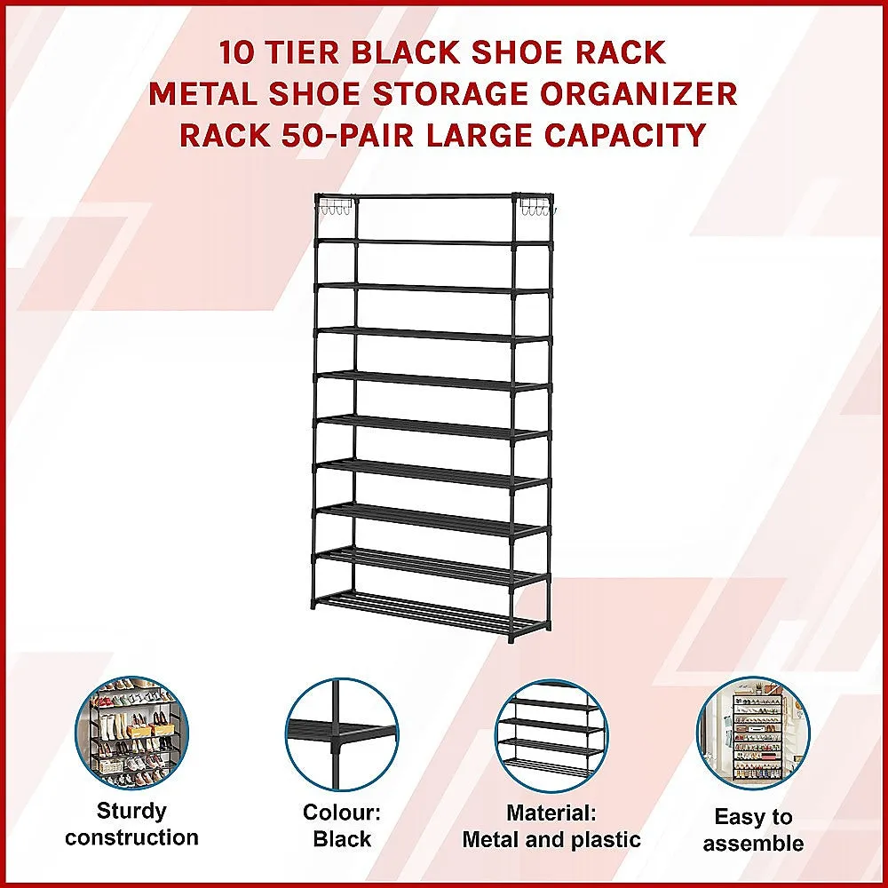 10 Tier Black Shoe Rack Metal Shoe Storage Organizer Rack 50-Pair Large Capacity