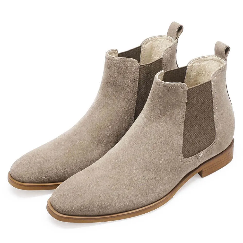 7CM / 2.76 Inches CHAMARIPA High Heel Shoes For Men - Height Increasing Boots - Khaki Suede Leather Chelsea Boots