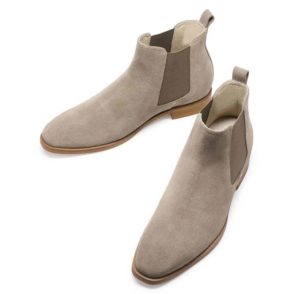 7CM / 2.76 Inches CHAMARIPA High Heel Shoes For Men - Height Increasing Boots - Khaki Suede Leather Chelsea Boots