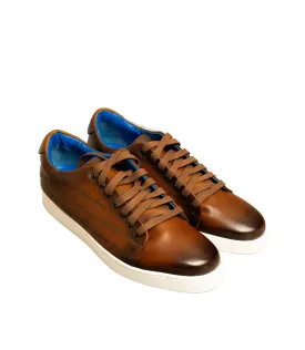 Andrea Nobile - Stained Brown Low Top Leather Sneaker with Black Inscriptions