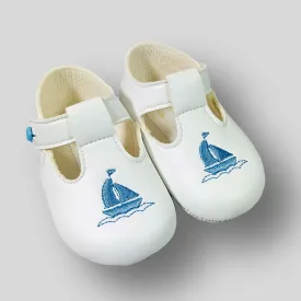 Baby Boy White Pram Shoes with Soft Sole and T Bar and Yacht Embroidery