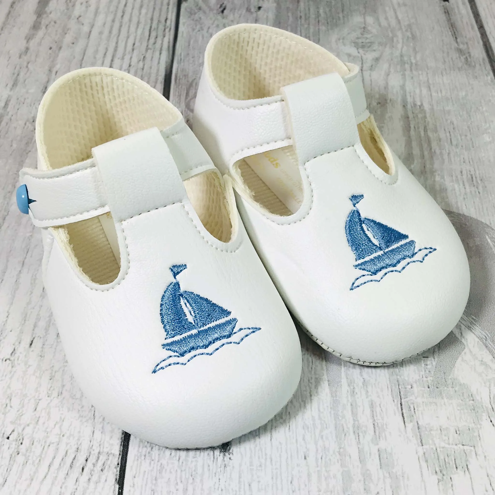 Baby Boy White Pram Shoes with Soft Sole and T Bar and Yacht Embroidery