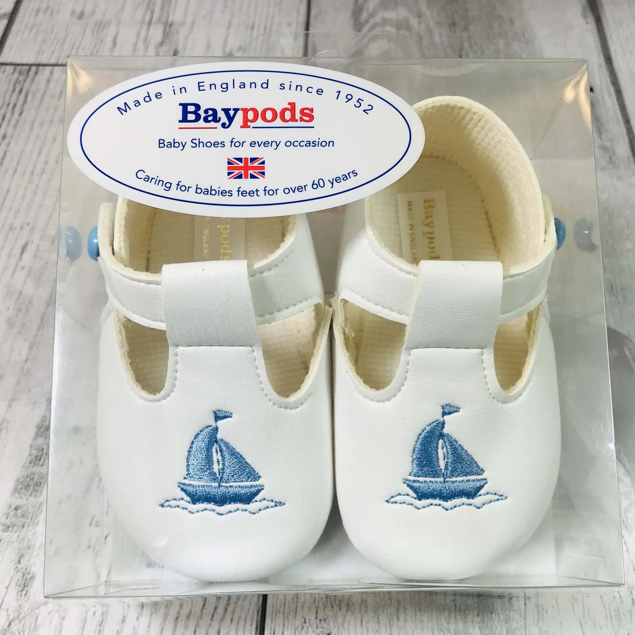 Baby Boy White Pram Shoes with Soft Sole and T Bar and Yacht Embroidery