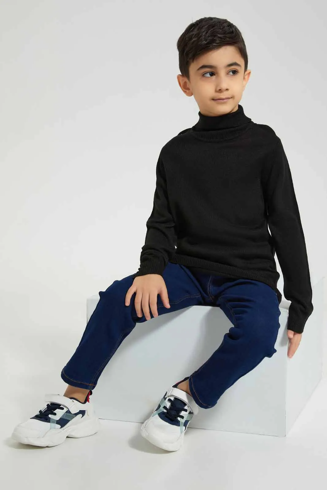 Black Roller-Neck Jumper For Boys