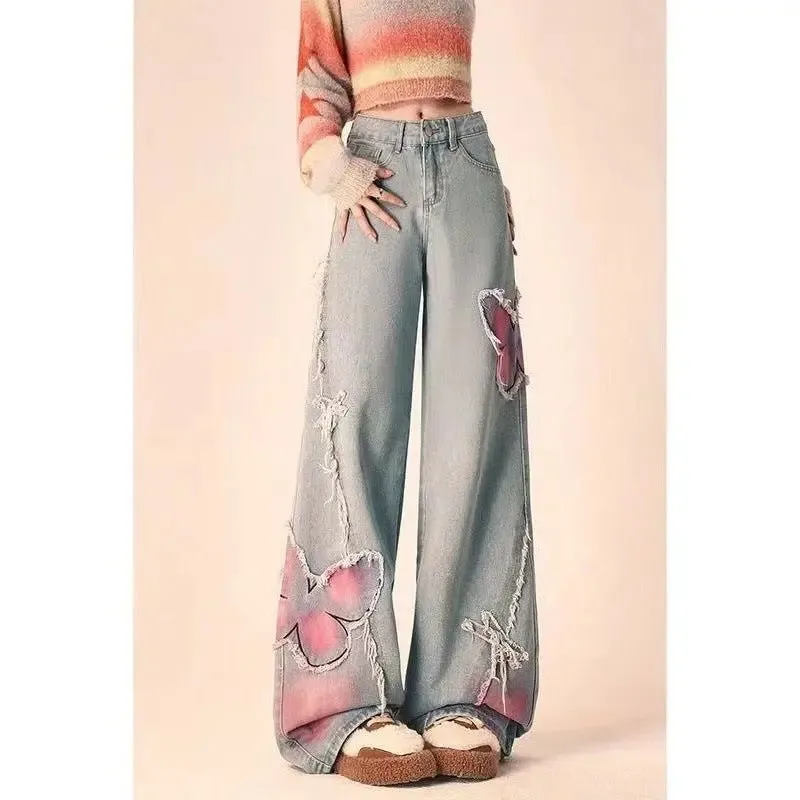 Boho Butterfly Embroidered Wide-Leg Jeans