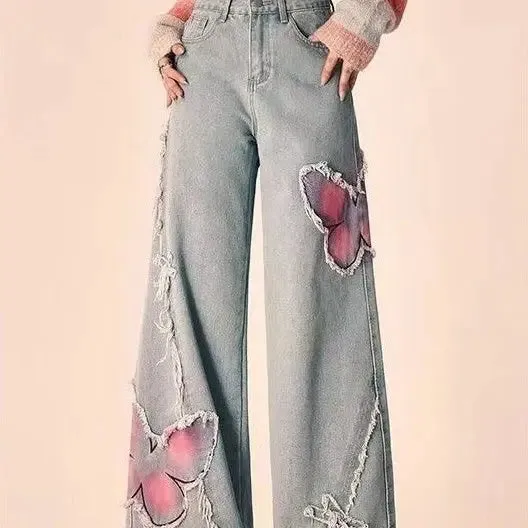 Boho Butterfly Embroidered Wide-Leg Jeans