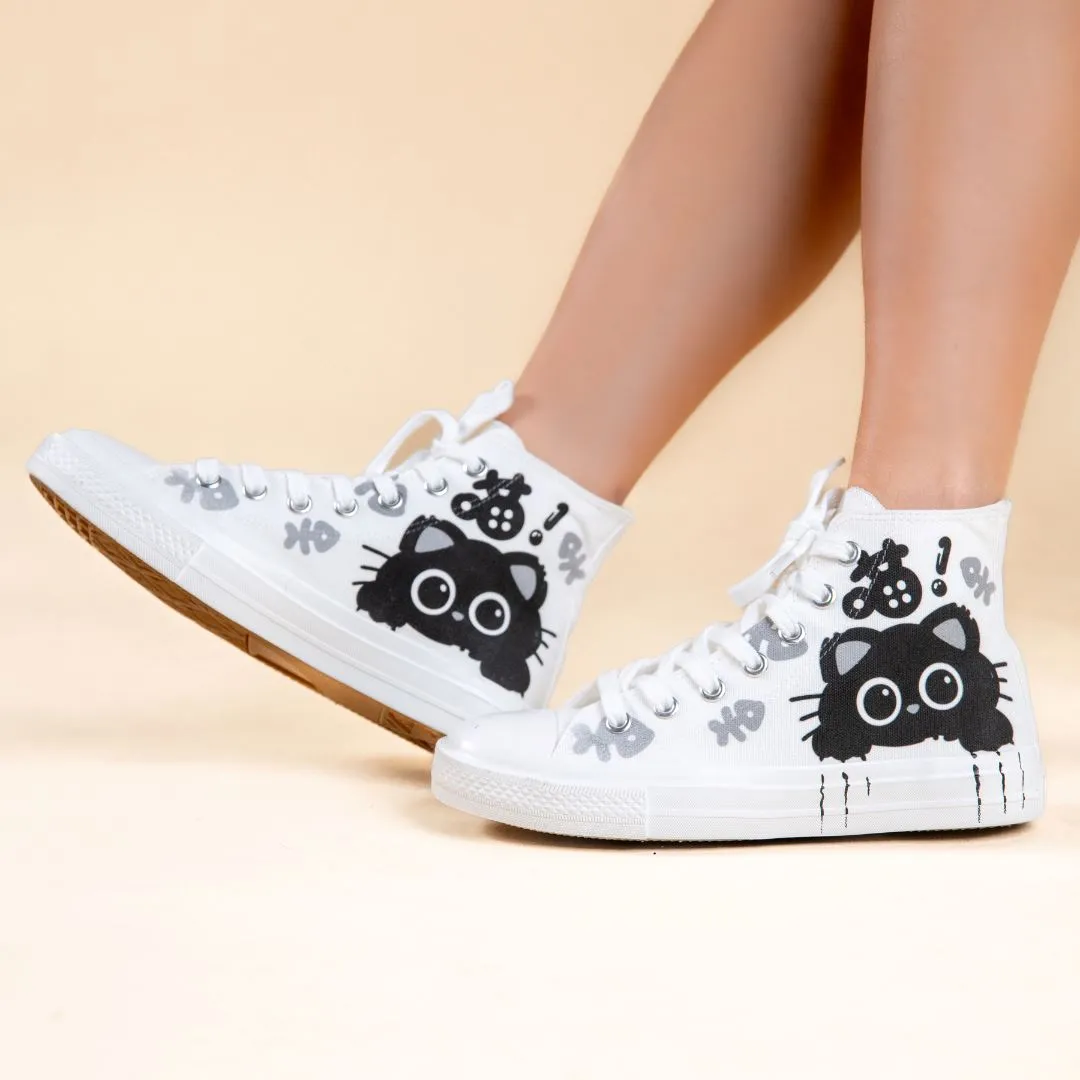 Boo the Black Kitty High Top Canvas Shoes - Women's