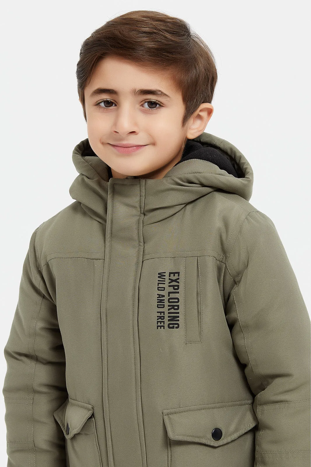 Boys Olive Hooded Fleece Jacket