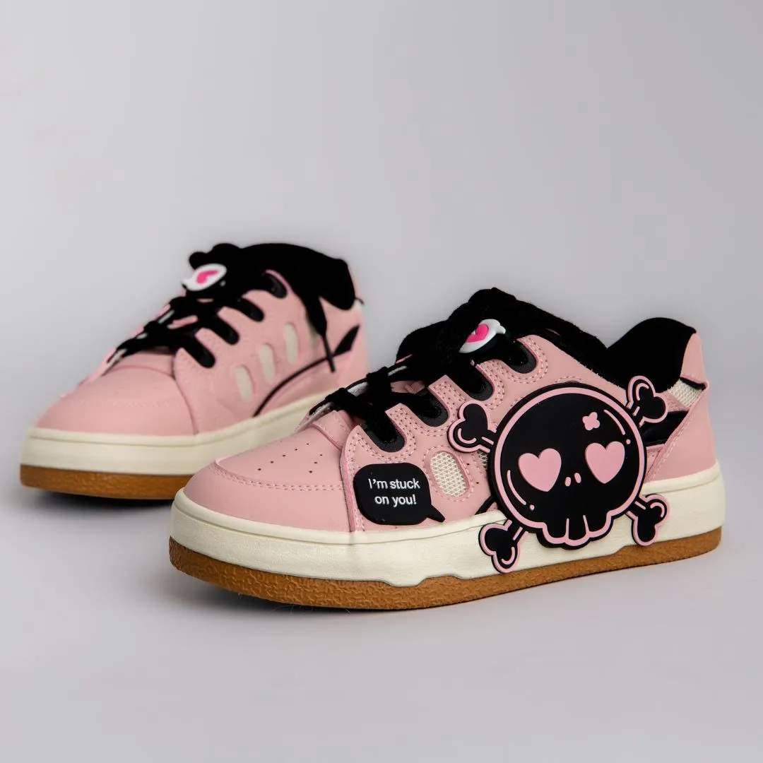 Deadly Black Skull Pink Chunky Sneakers - Women's