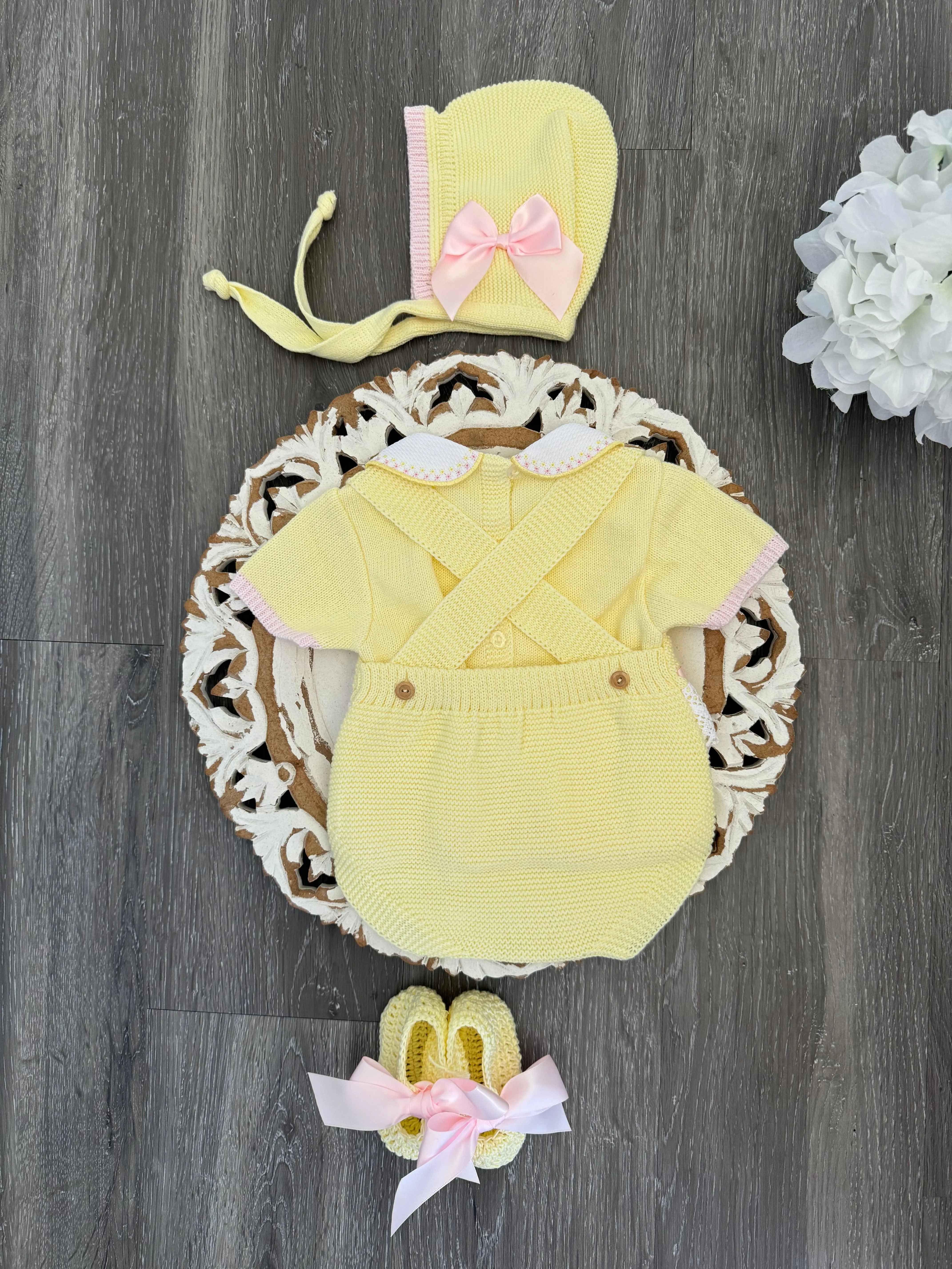 Delicate Lace Belt With Big Satin Bow Short Romper Set in Yellow and Pink