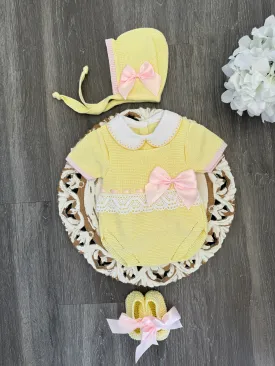 Delicate Lace Belt With Big Satin Bow Short Romper Set in Yellow and Pink