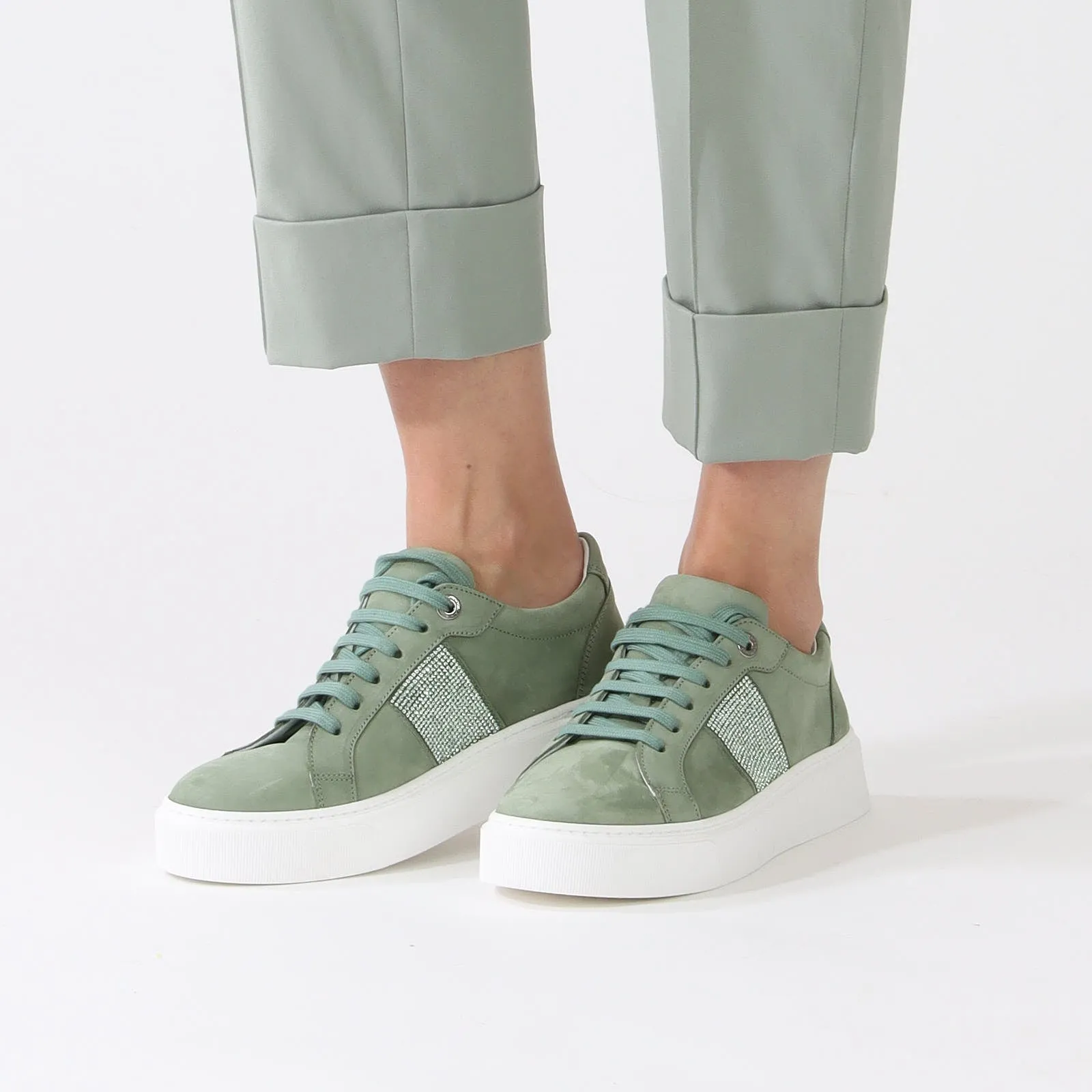 Frozen Sage  Sneakers With Rhinestone Stripe