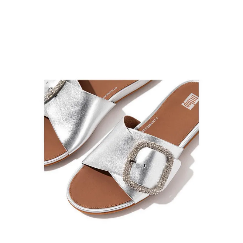 Gracie Crystal Maxi-Buckle Metallic-Leather Slides - Silver