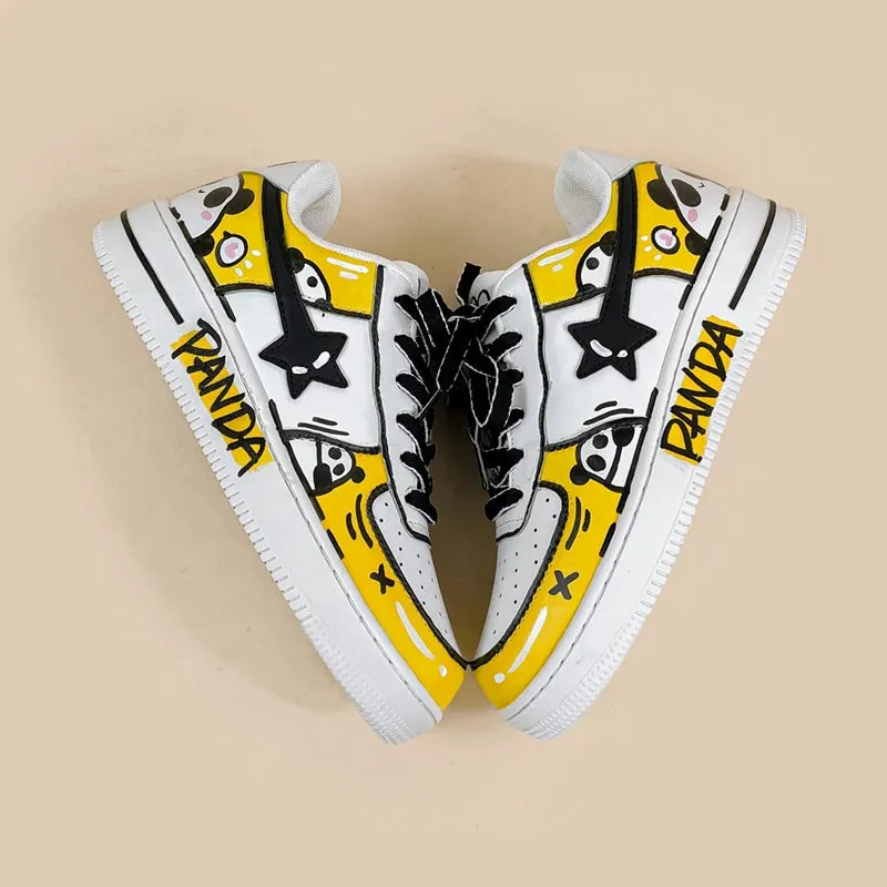 Hand Painted Yellow Panda Casual White Shoes - Unisex