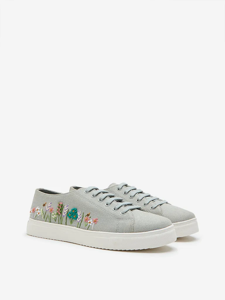 LUNA BLU Grey Floral Embroidered Sneakers