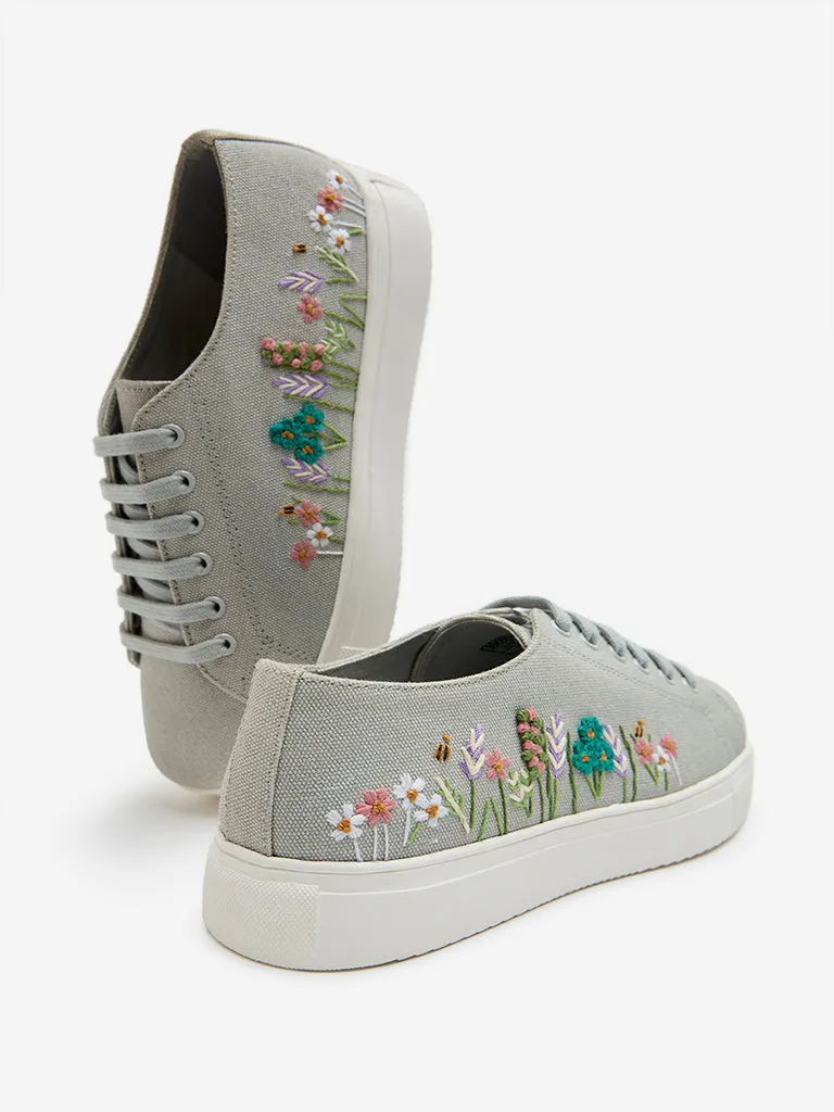 LUNA BLU Grey Floral Embroidered Sneakers