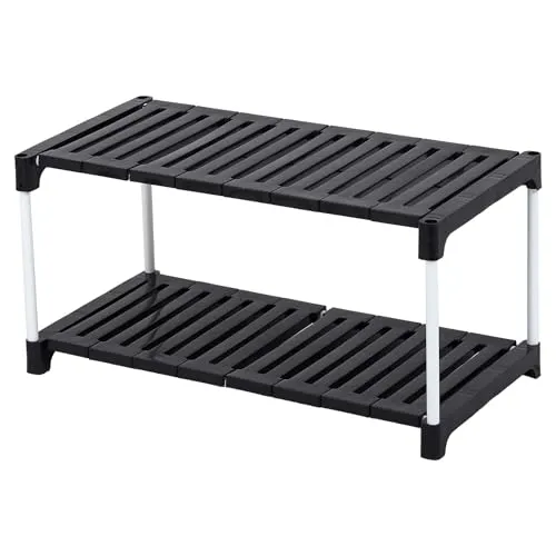 Portable Shoe Rack Organizer - Metal Rod & Plastic Shelves | Adjustable & Space-Saving Stand | Multipurpose Storage for Shoes, Books, Clothes, Kitchen, Bathroom, (2 Steps, Black)