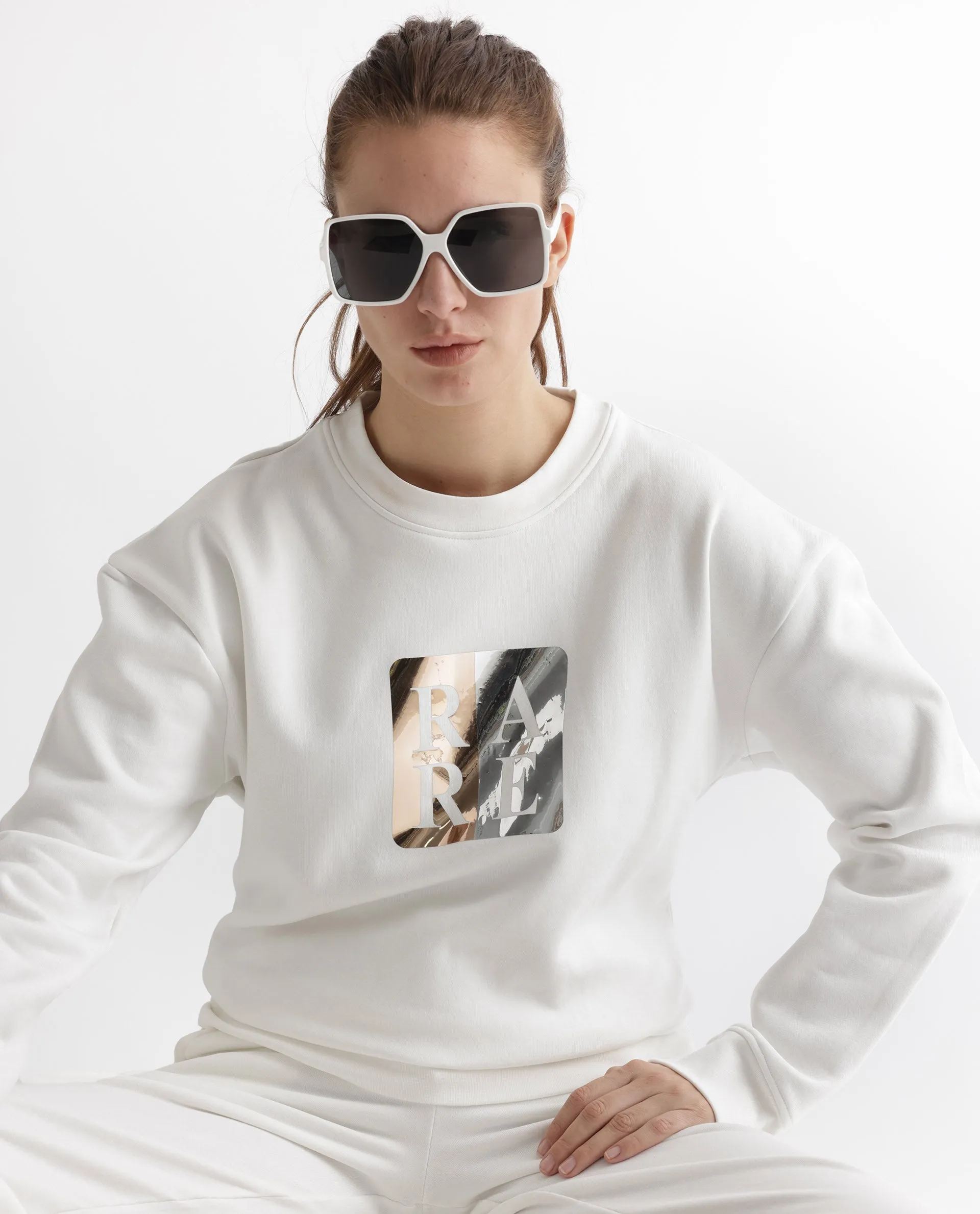 Rareism Articale Women Keith Off White Poly Cotton Fabric Full Sleeves Crew Neck Relaxed Fit Graphic Print Sweatshirt