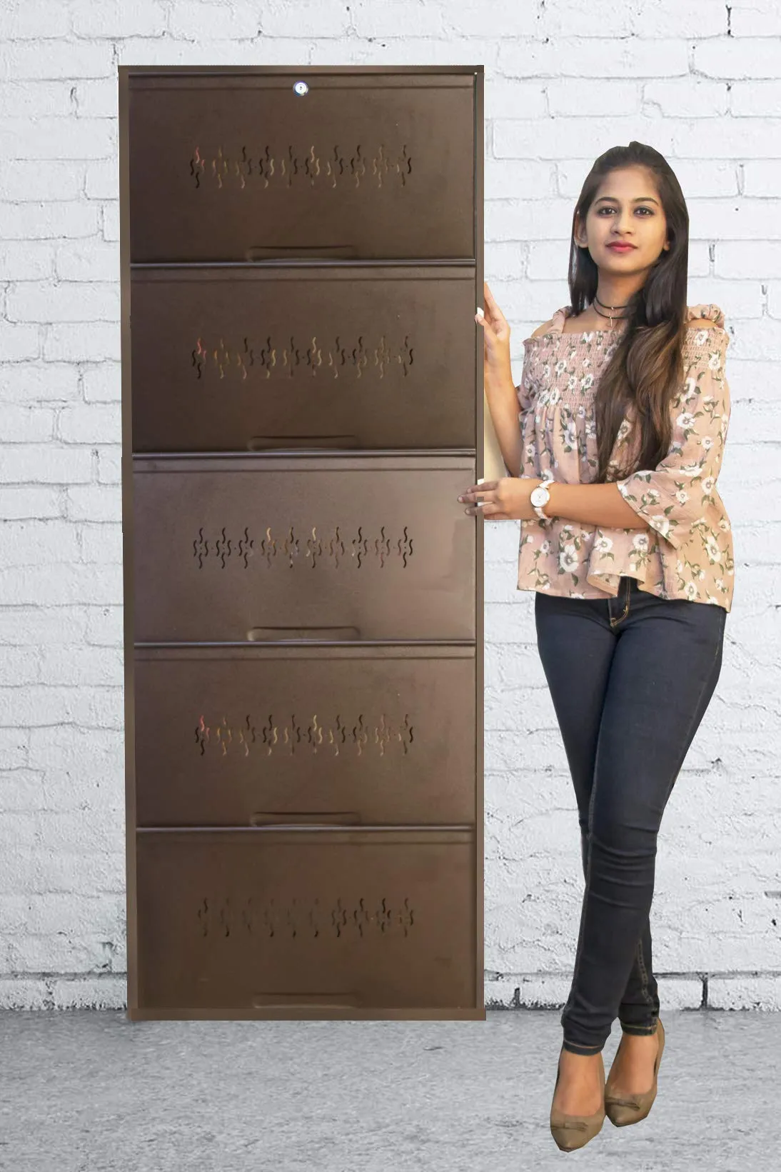 Shoe Locker 25" 5 Door Coffee Brown Space Saver Wall Mounted Metal Shoe Rack (Free Installation in Major Cities)