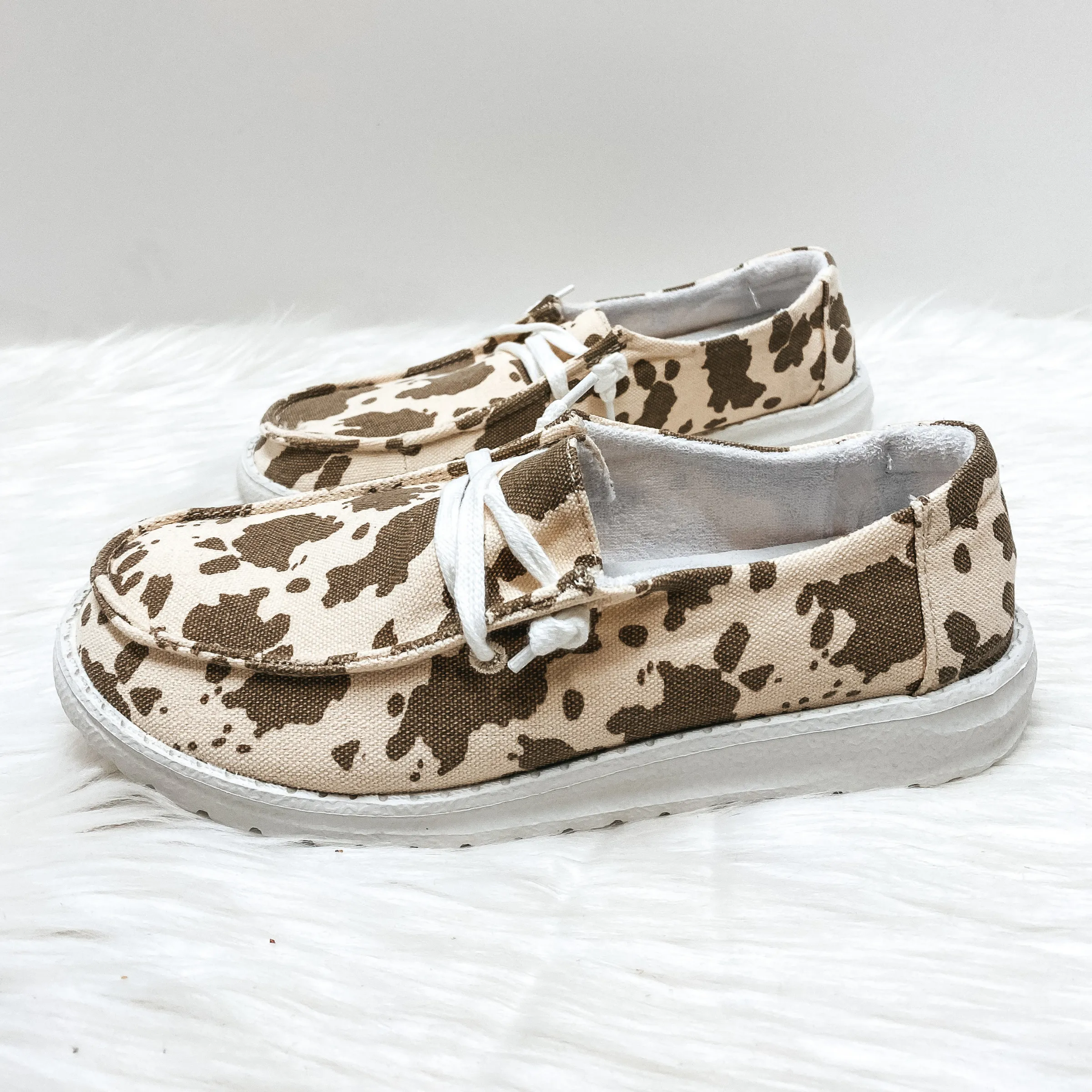 Very G | Have To Run Cow Print Slip On Loafers with Laces in Tan