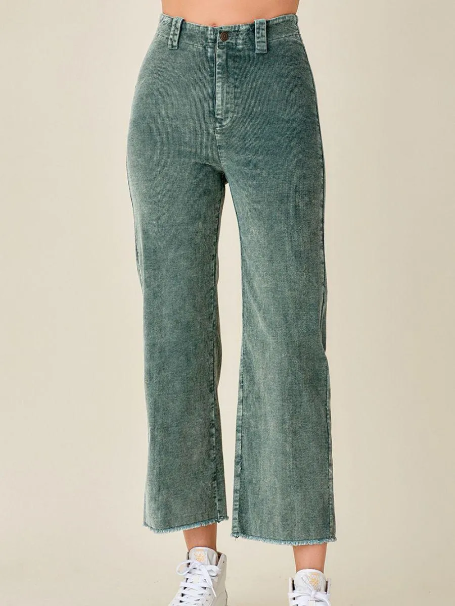 Wide Leg Washed Denim Look High Rise Corduroy Pants