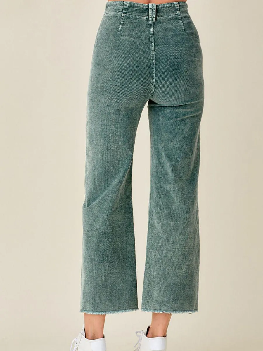 Wide Leg Washed Denim Look High Rise Corduroy Pants