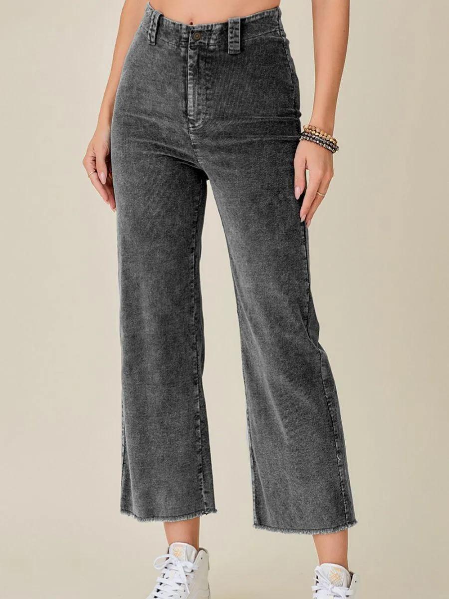 Wide Leg Washed Denim Look High Rise Corduroy Pants