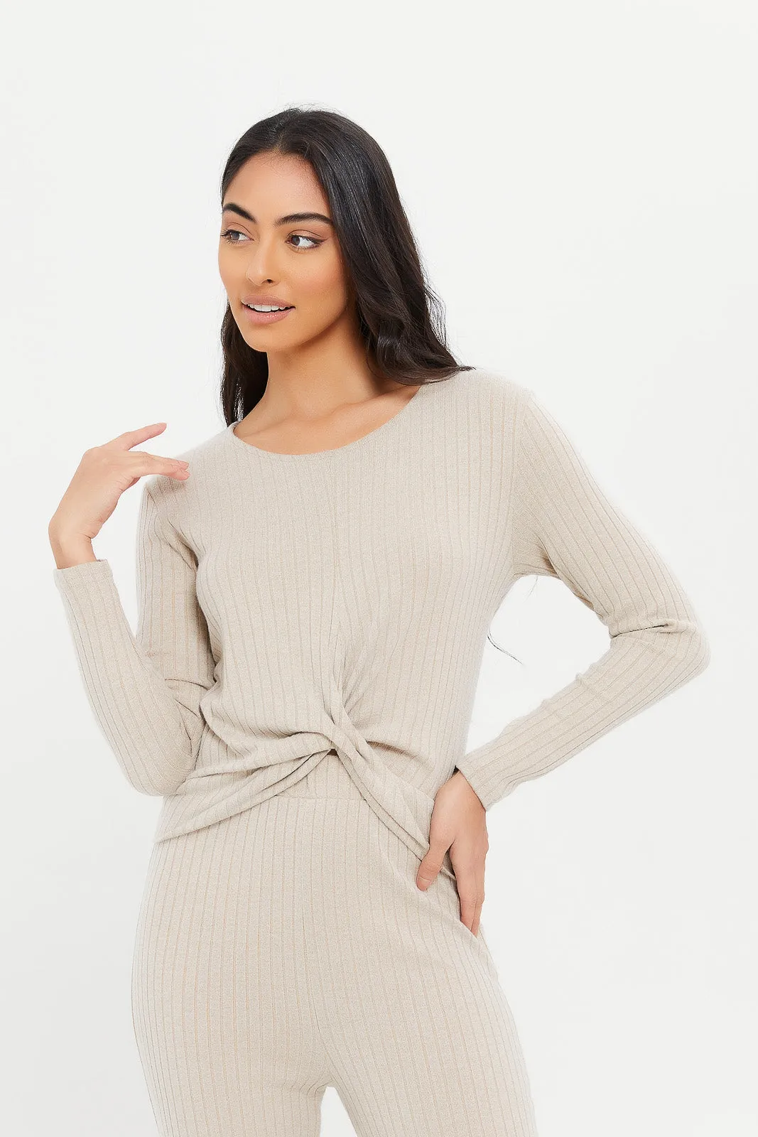 Women Ivory Twist Front  Ribbed Sweatshirt