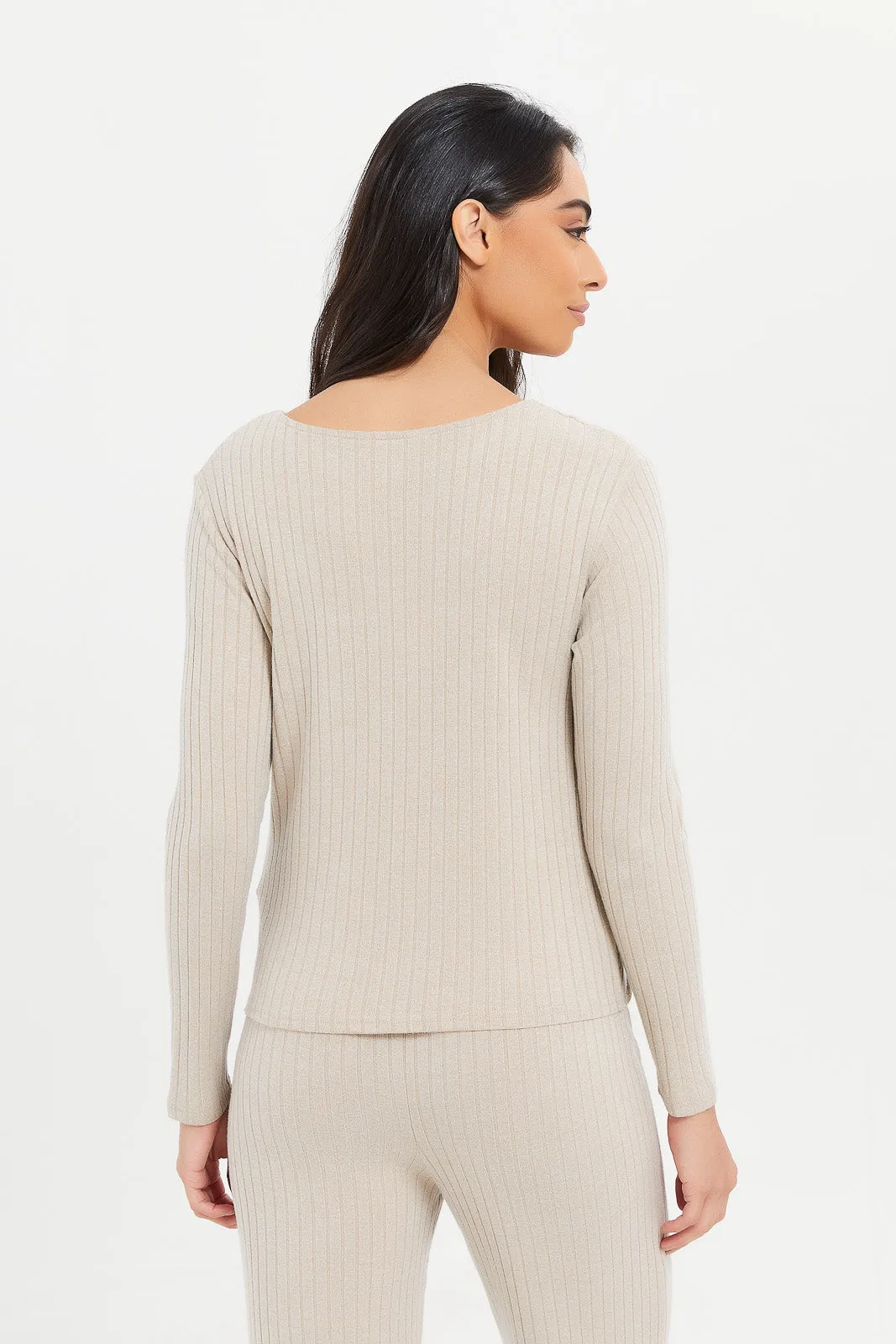 Women Ivory Twist Front  Ribbed Sweatshirt