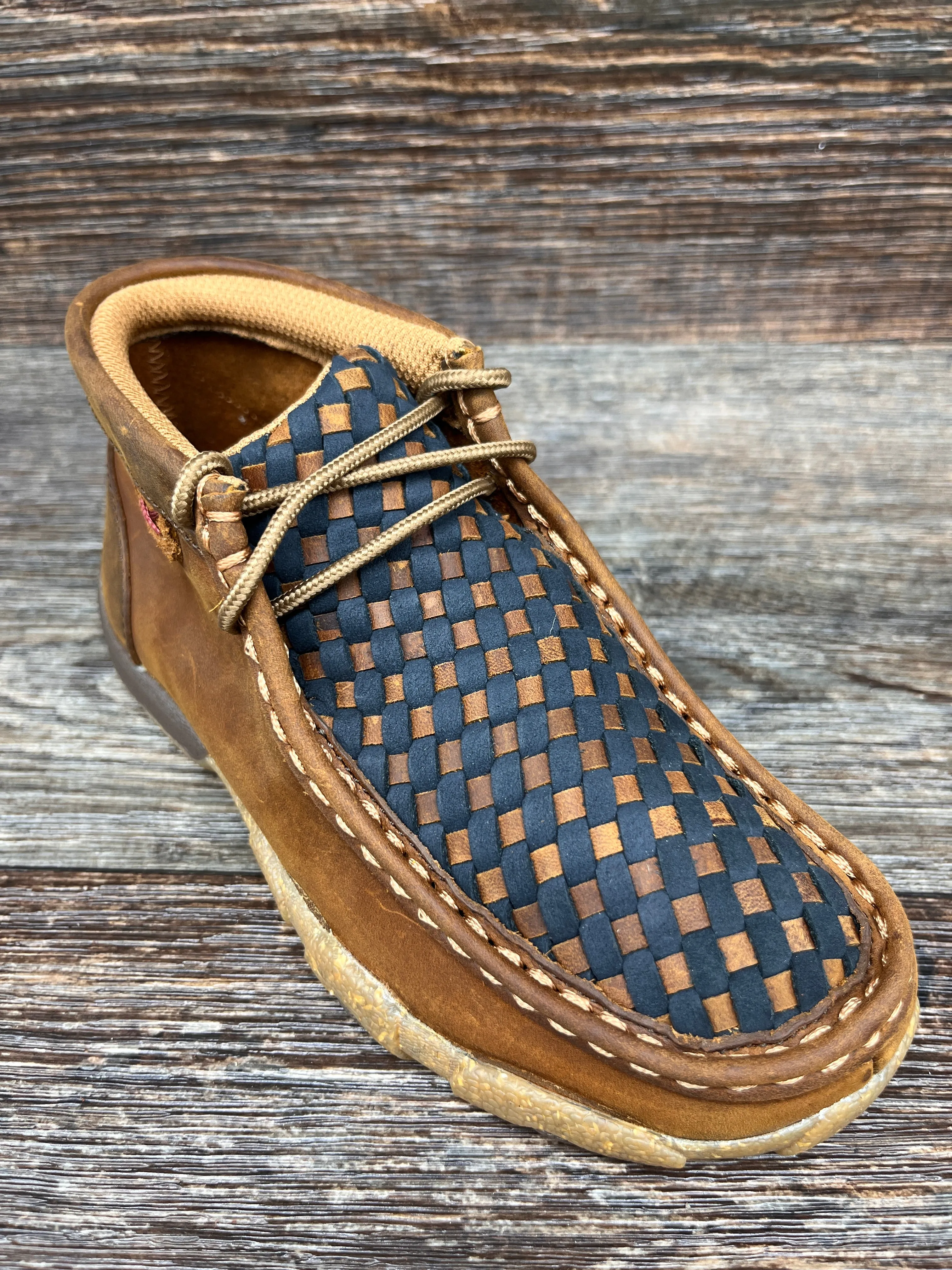 YDM0046 Kid's Lace Up Brown & Blue Basketweave Driving Moc by Twisted X