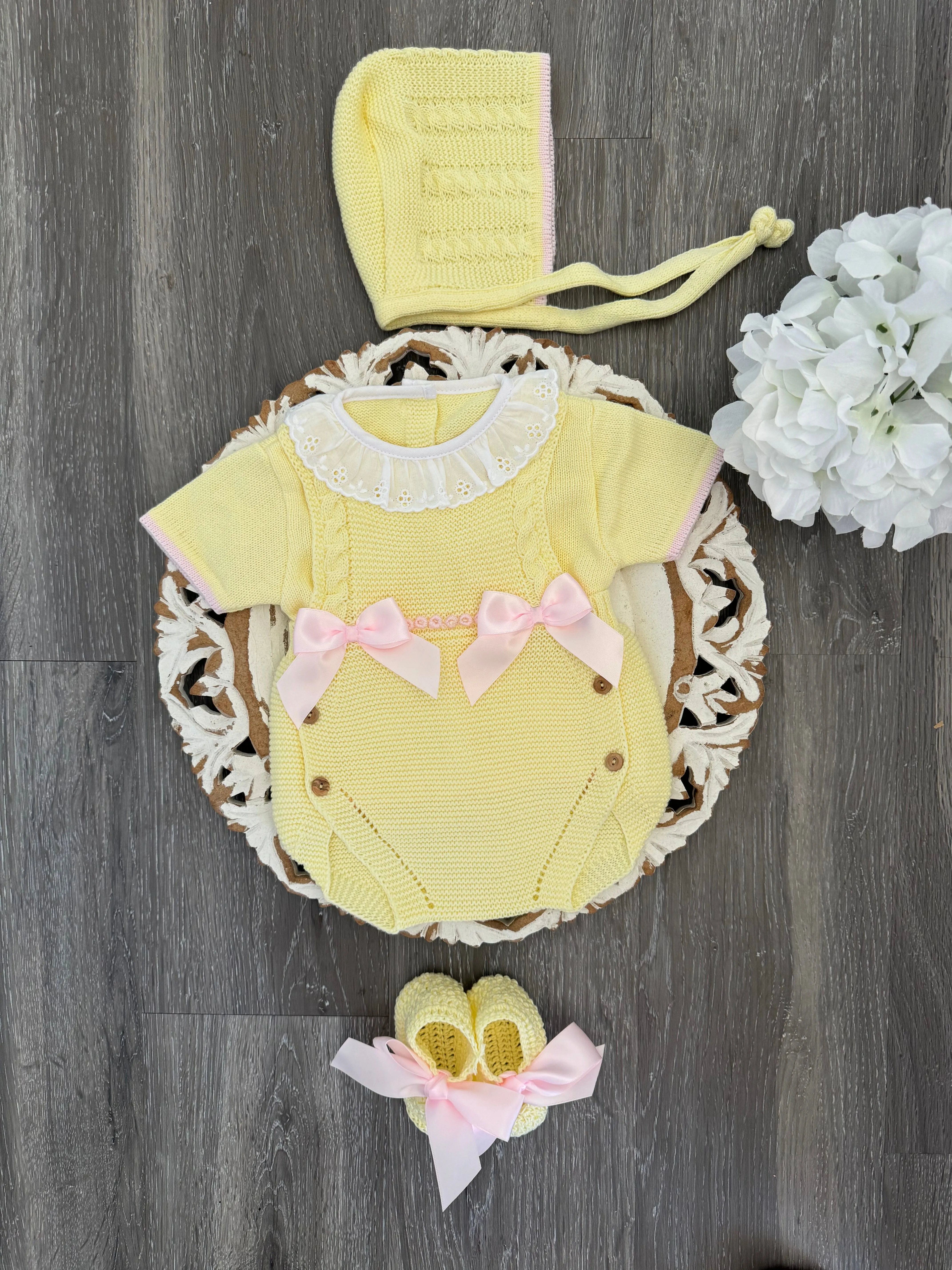 Yellow and Pink Double Bow Short Knitted Romper Set